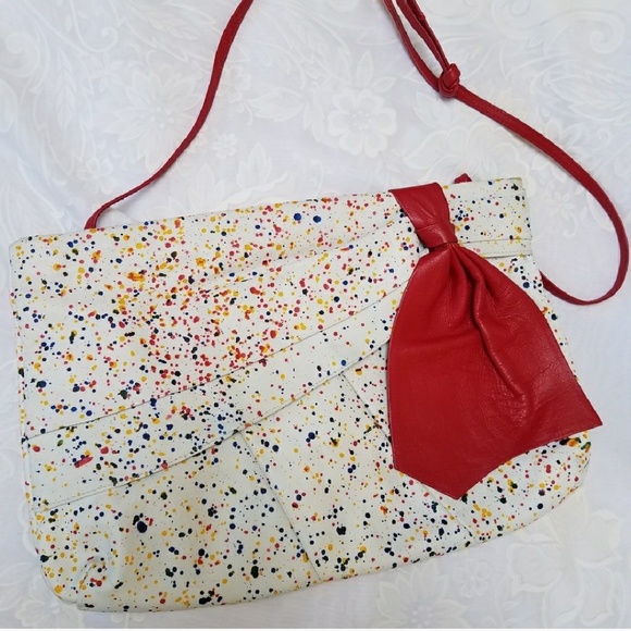 Vintage Handbags - VTG Leather Paint Spatter Bag with Red Bow